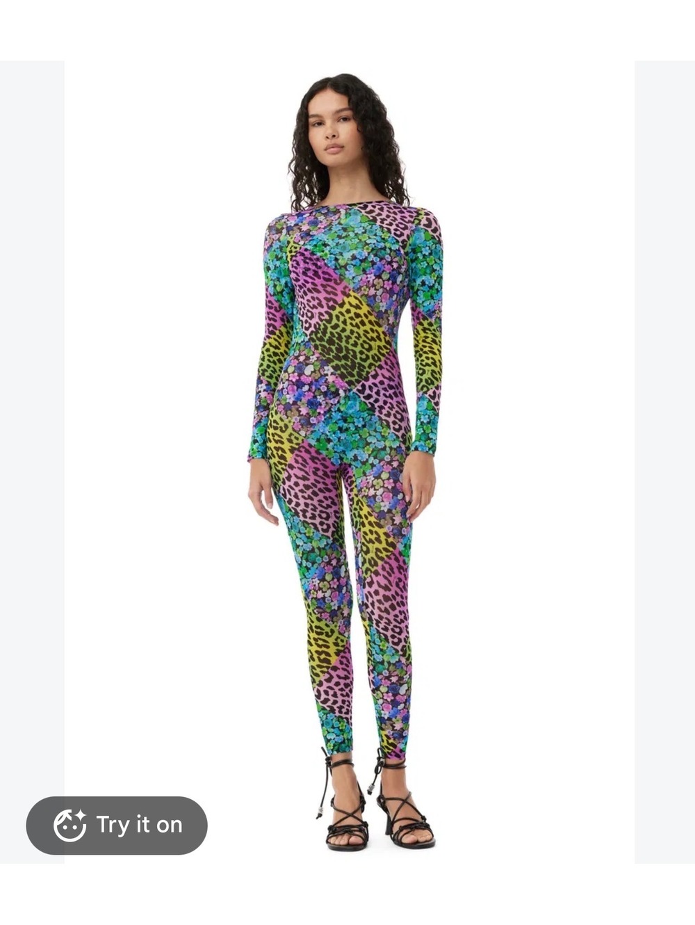 GANNI x Parade Silky Mesh Catsuit Womens XL Leopard Floral Jumpsuit Sheer Y2K